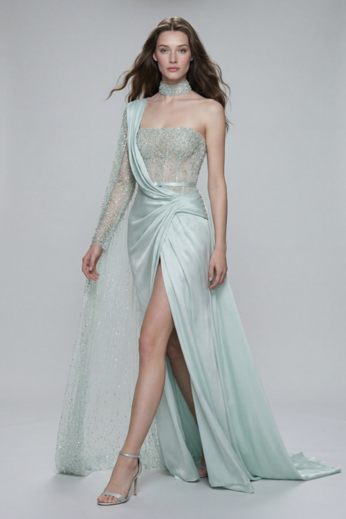 Mint Ice Embellished One Shoulder Satin Dress with Sheer Sleeve