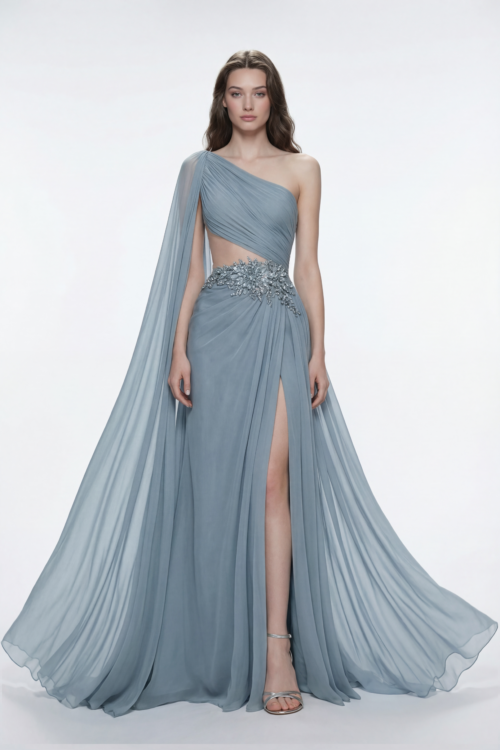One Shoulder Chiffon Evening Dress with Crystal Waist Embellishment
