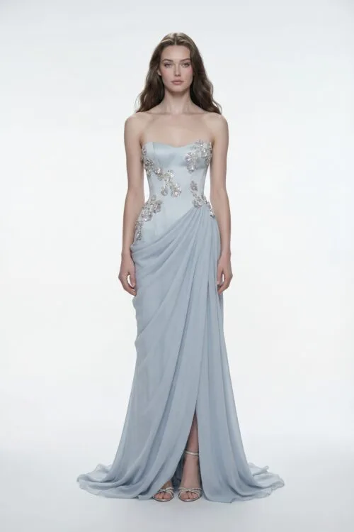 Sequins Crystals Floral Embellished Draped Chiffon Strapless Dress - 11