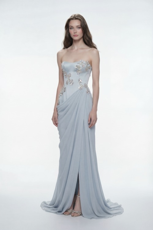 Sequins Crystals Floral Embellished Draped Chiffon Strapless Dress