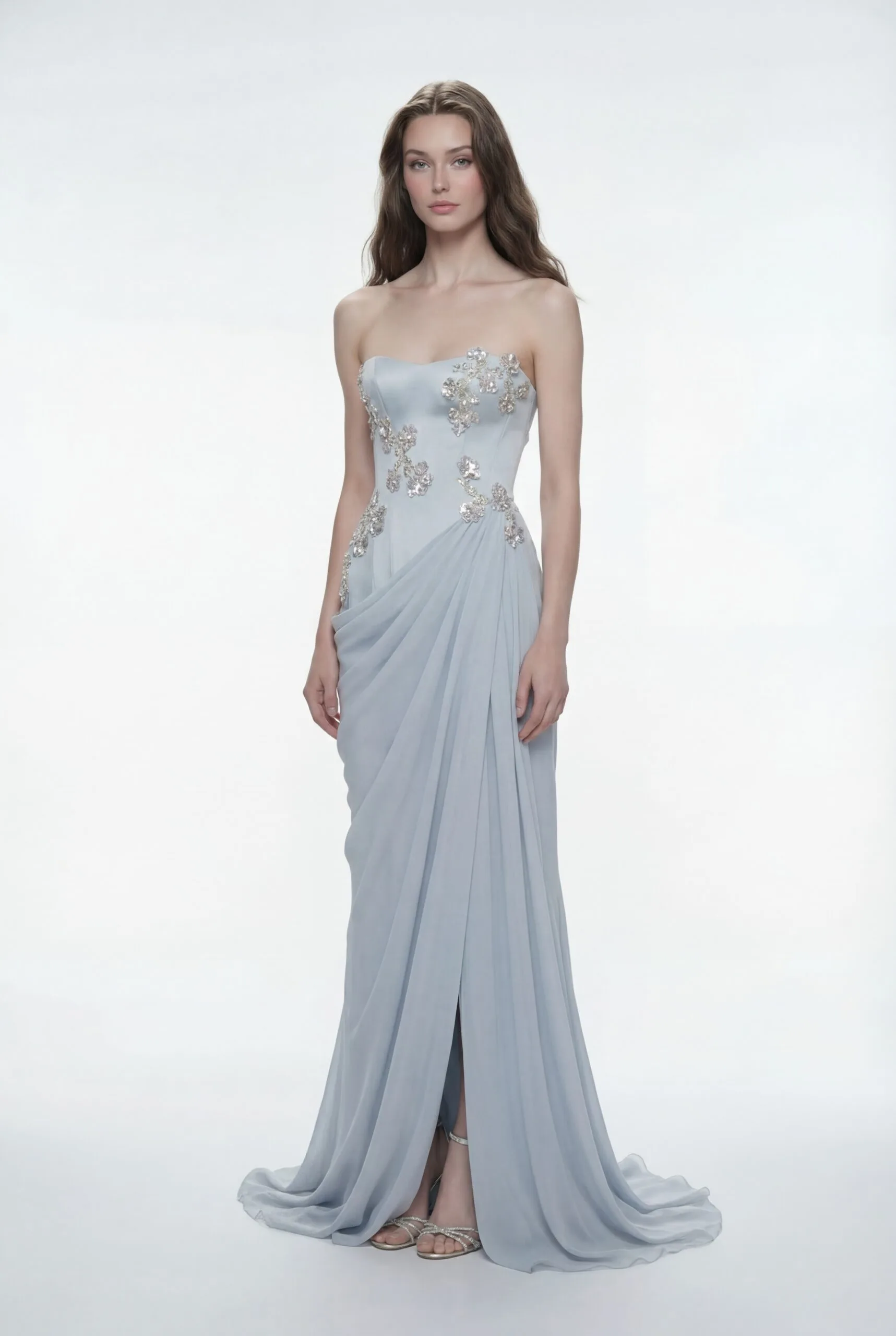 Sequins Crystals Floral Embellished Draped Chiffon Strapless Dress - 1