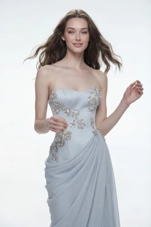 Sequins Crystals Floral Embellished Draped Chiffon Strapless Dress - 8