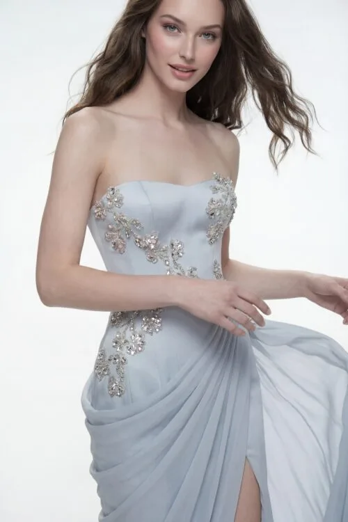 Sequins Crystals Floral Embellished Draped Chiffon Strapless Dress - 9