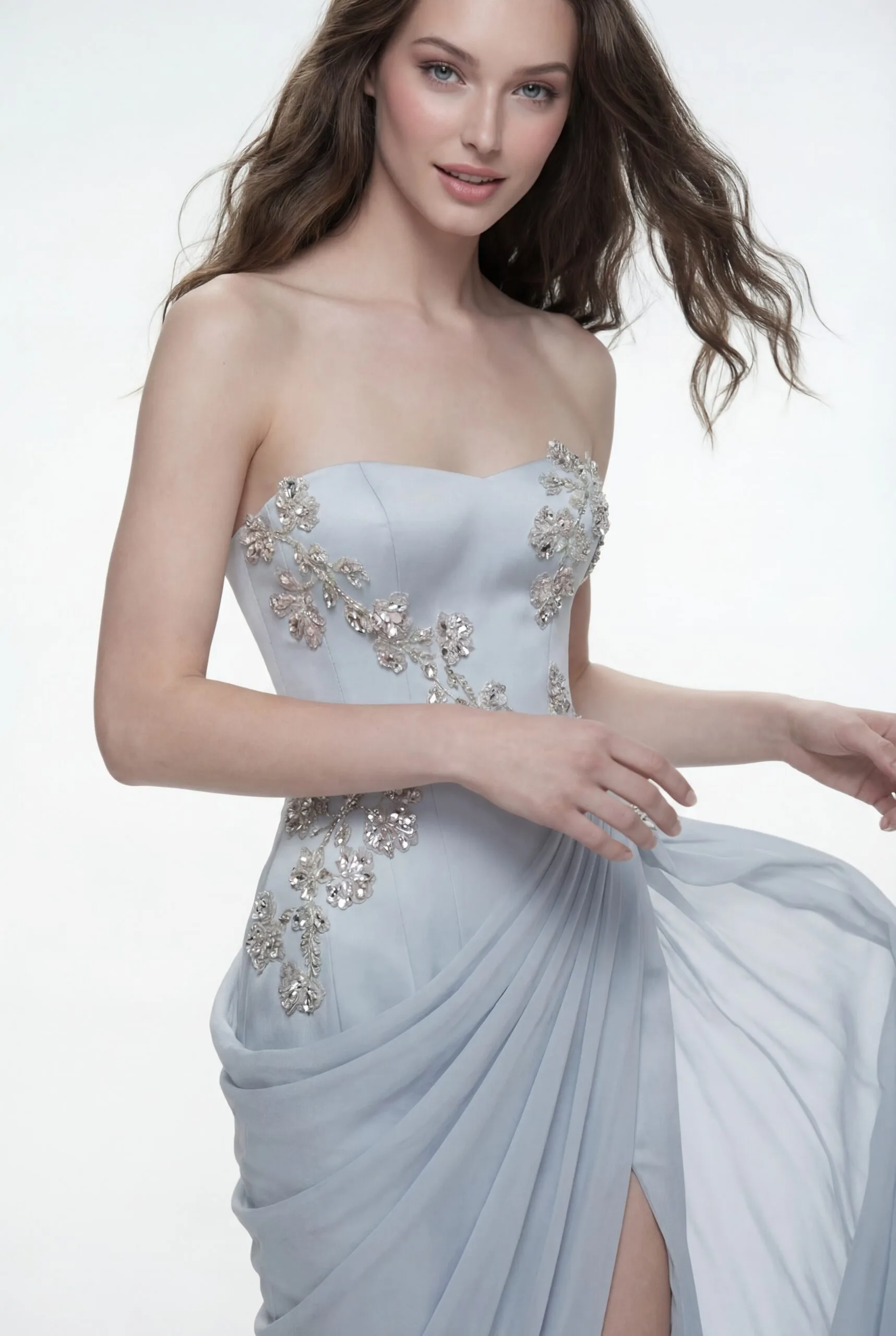 Sequins Crystals Floral Embellished Draped Chiffon Strapless Dress - 3