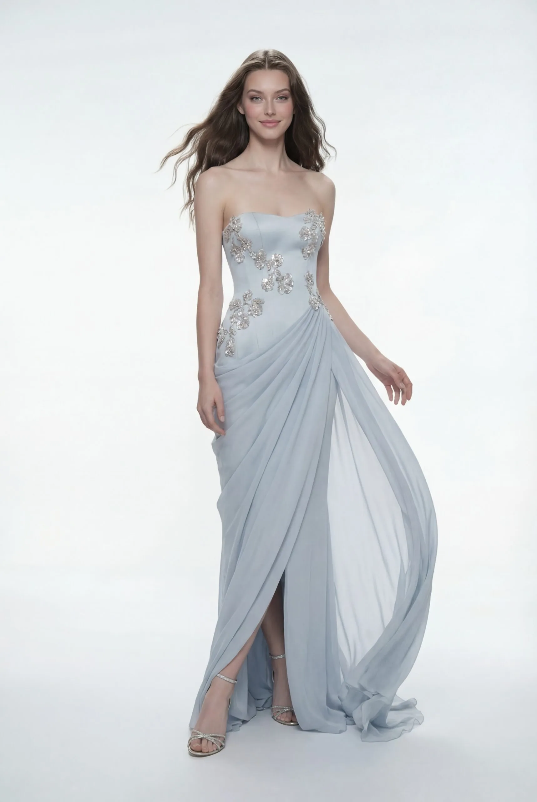 Sequins Crystals Floral Embellished Draped Chiffon Strapless Dress - 4
