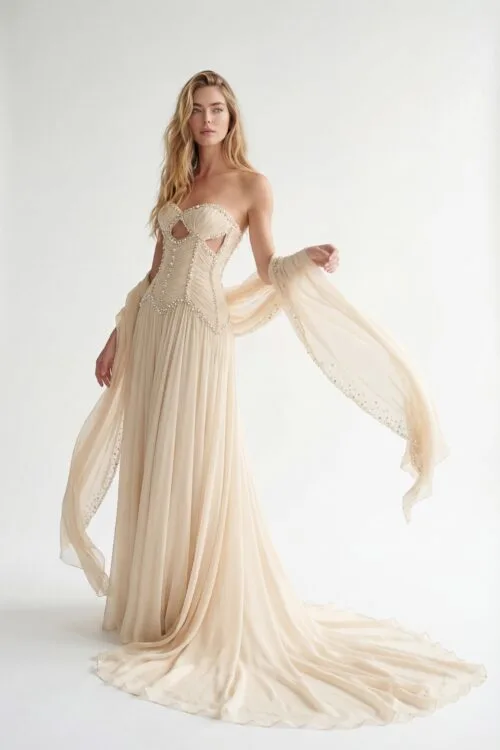Crystal & Pearl Embellished Corset Pleated Chiffon Dress with Flowing Embellished Shawl - 6