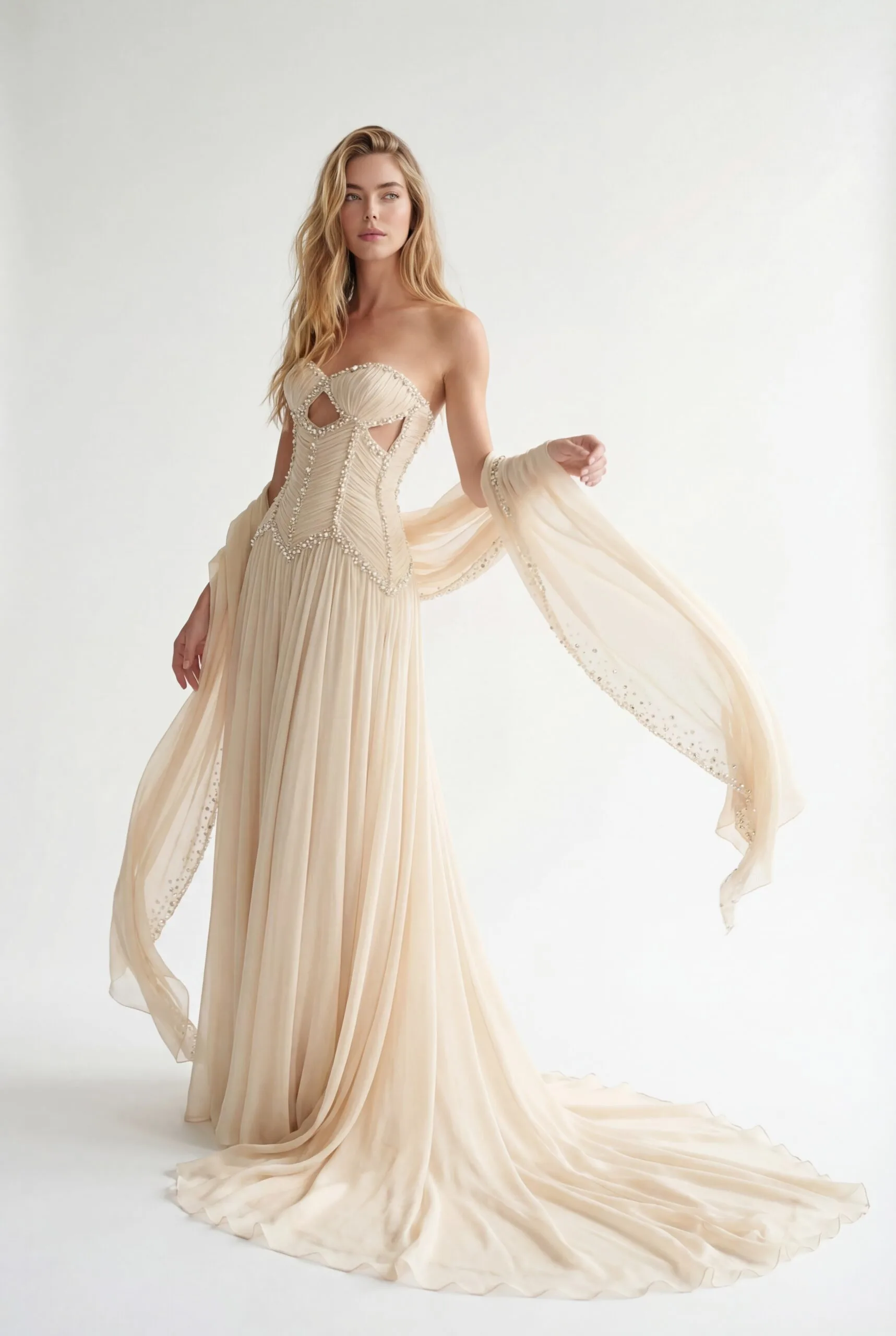 Crystal & Pearl Embellished Corset Pleated Chiffon Dress with Flowing Embellished Shawl - 1