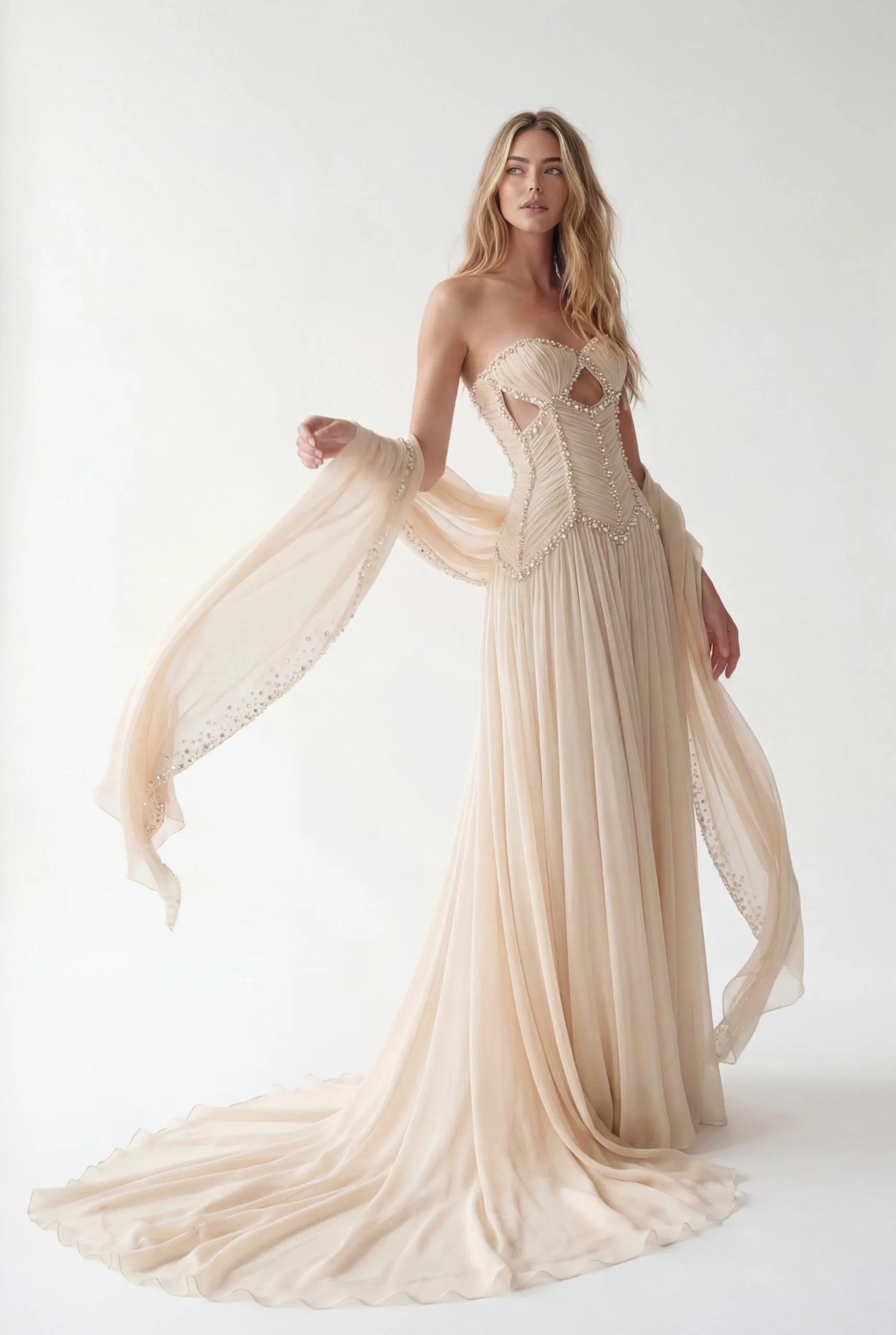 Crystal & Pearl Embellished Corset Pleated Chiffon Dress with Flowing Embellished Shawl - 2