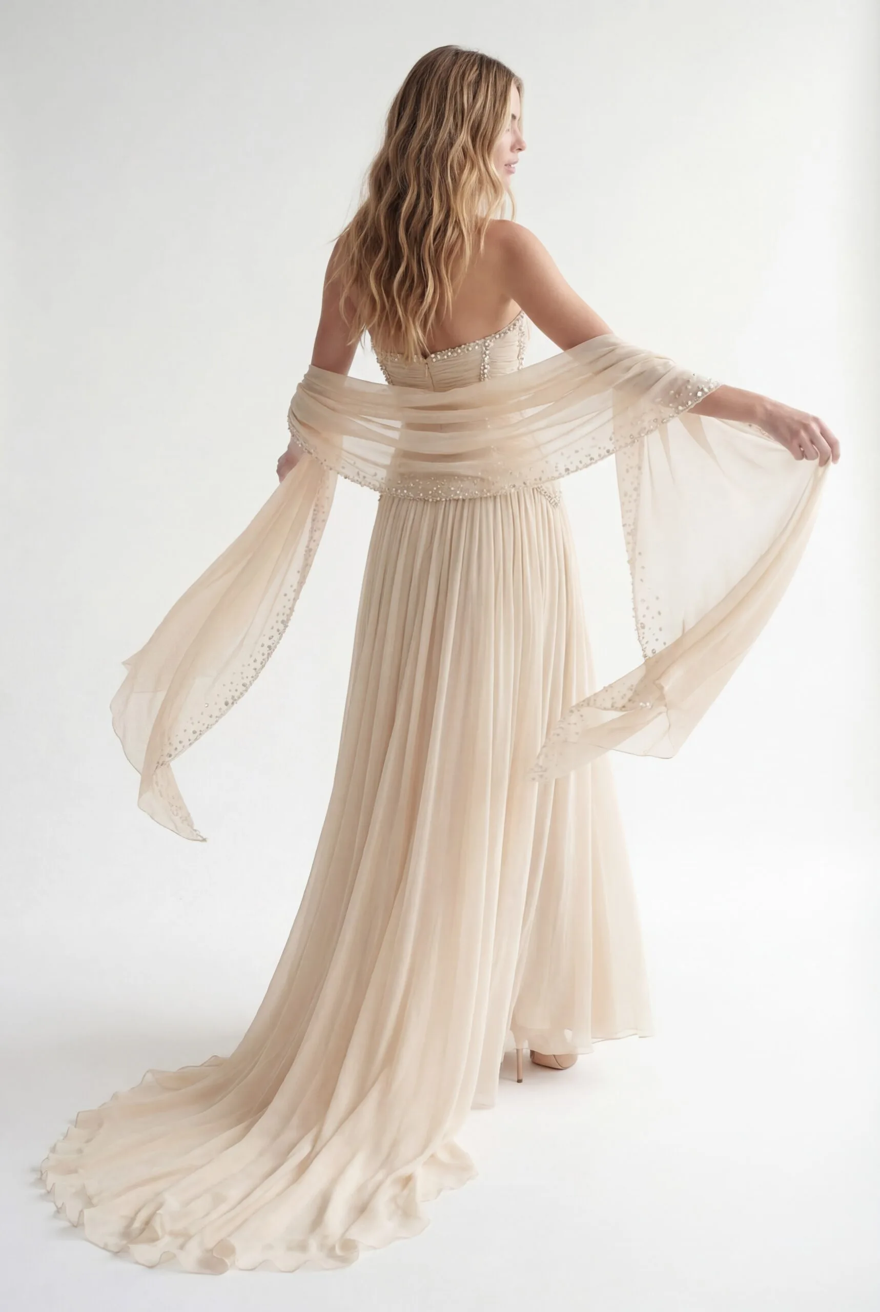Crystal & Pearl Embellished Corset Pleated Chiffon Dress with Flowing Embellished Shawl - 3