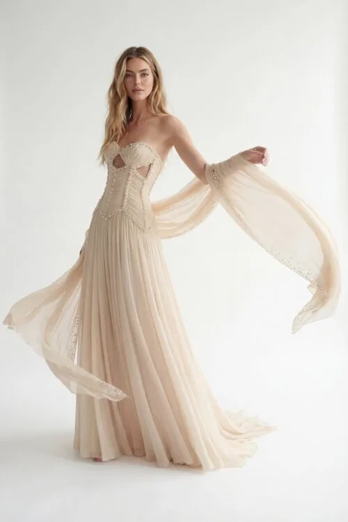 Crystal & Pearl Embellished Corset Pleated Chiffon Dress with Flowing Embellished Shawl - 9