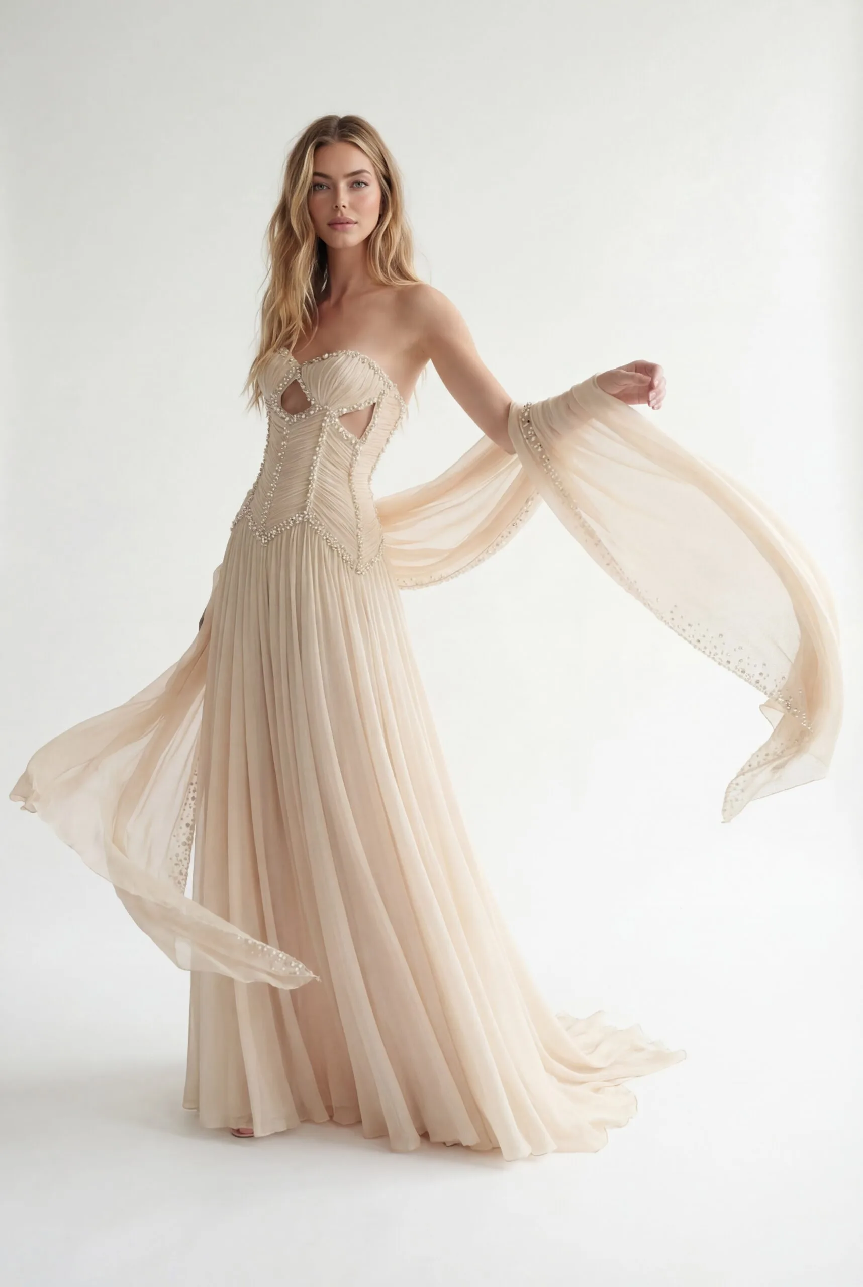 Crystal & Pearl Embellished Corset Pleated Chiffon Dress with Flowing Embellished Shawl - 4