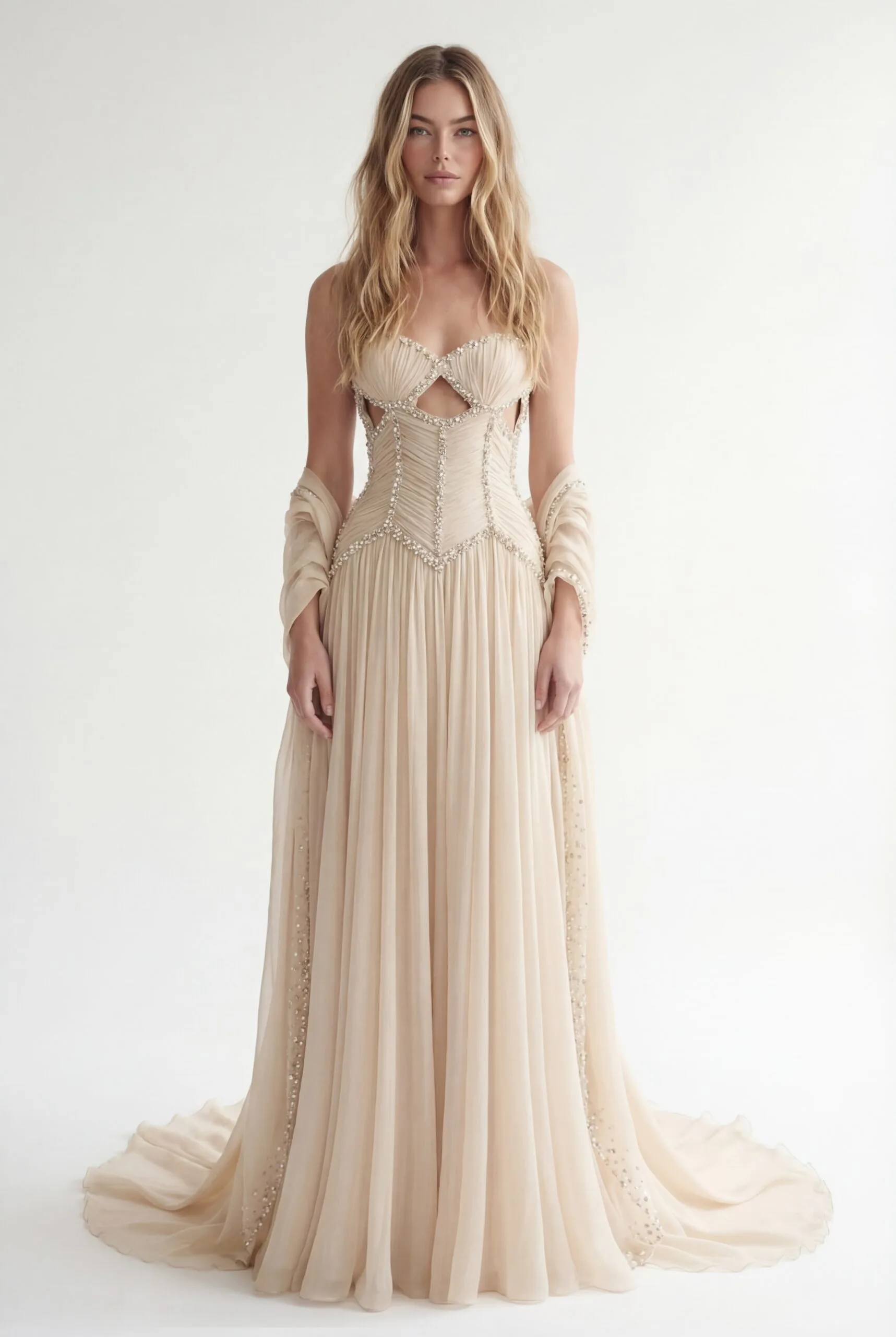 Crystal & Pearl Embellished Corset Pleated Chiffon Dress with Flowing Embellished Shawl - 5