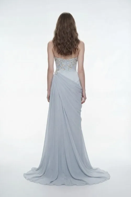 Sequins Crystals Floral Embellished Draped Chiffon Strapless Dress - 12