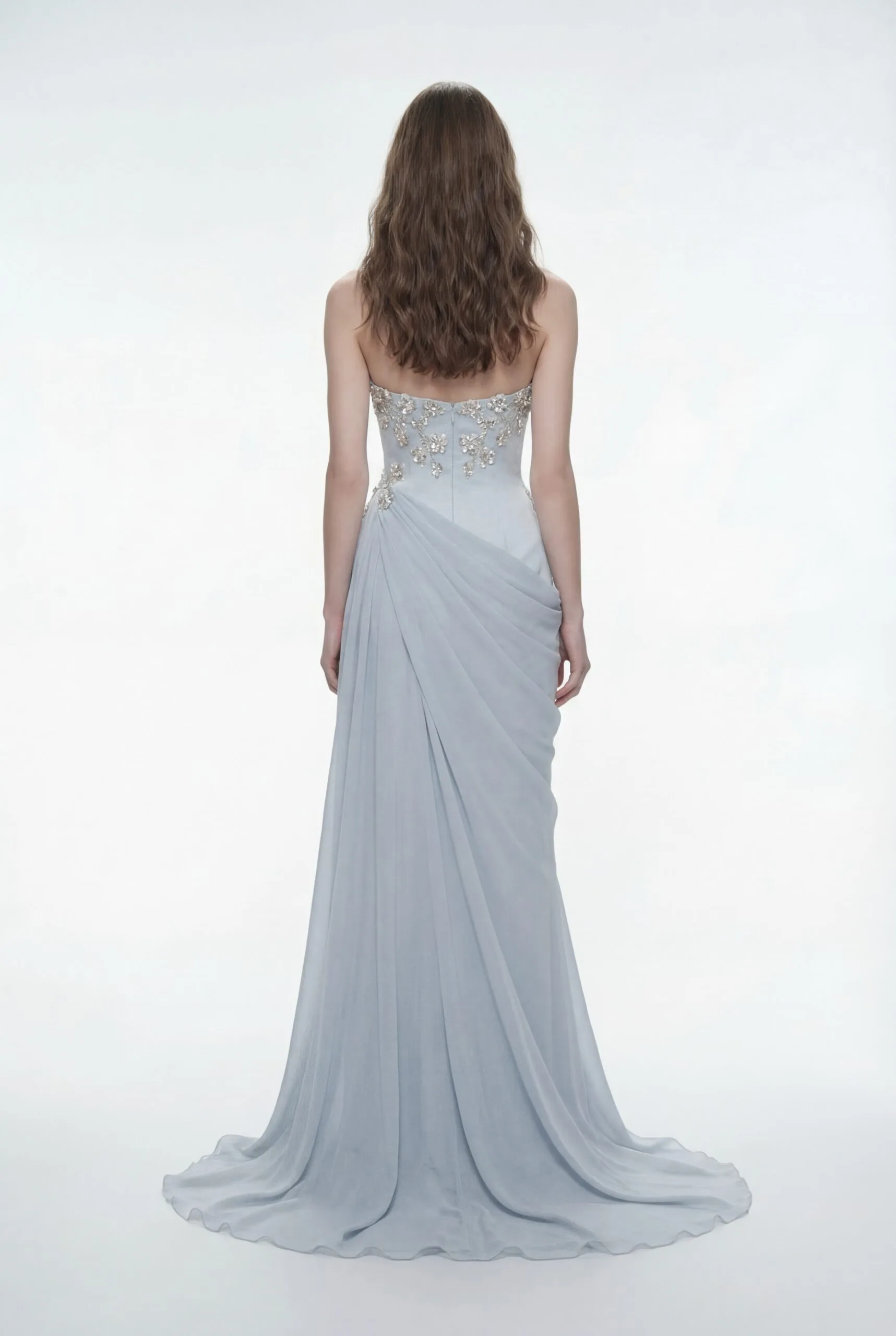 Sequins Crystals Floral Embellished Draped Chiffon Strapless Dress - 6