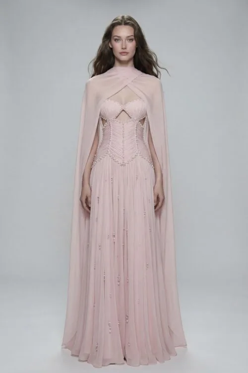 Blush Draped Cape Corset Pearl Embellished Chiffon Dress
