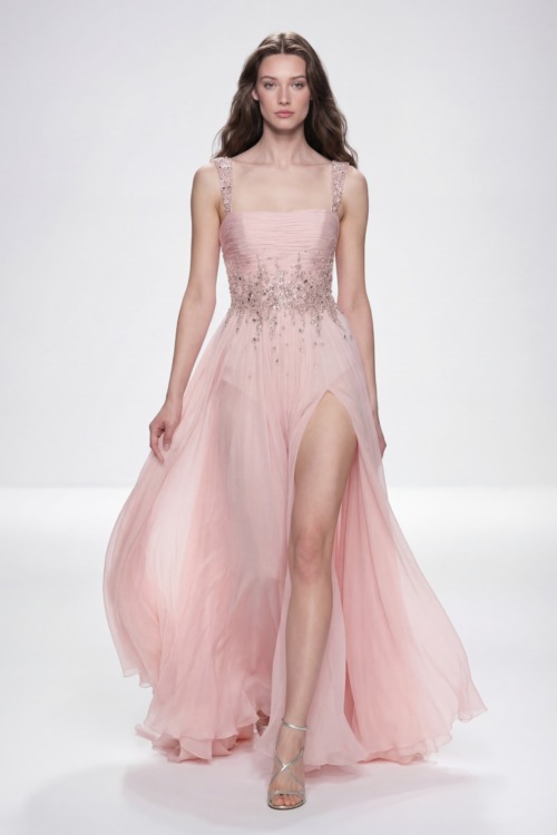 Blush Pink Embellished Strap Silk Chiffon Dress with High Slit