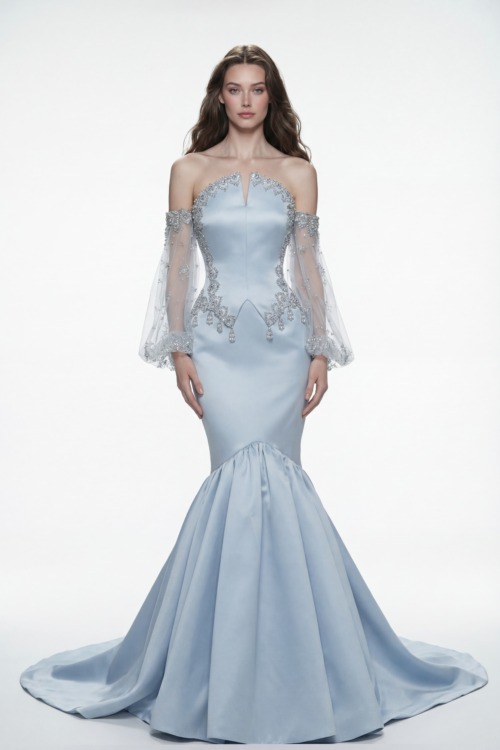 Ice Blue Crystal Embellished Off Shoulder Mermaid Evening Gown