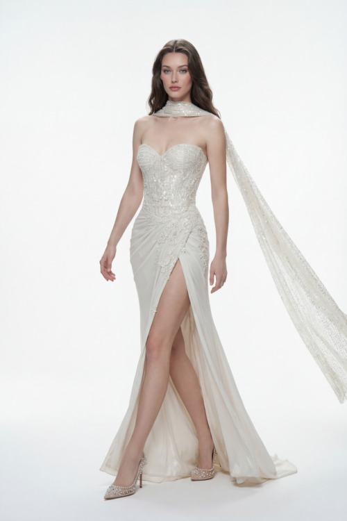 Strapless Embellished Corset Dress with Draped Skirt and Scarf