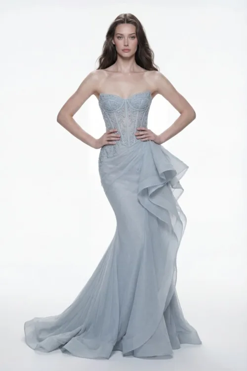 Strapless Embellished Silk Organza Corset Evening Dress with Draped Ruffle Detail
