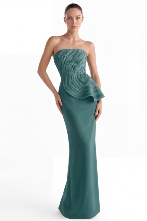 Strapless Sculpted Peplum Corset Dress with Embellished Waves