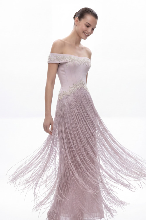 Off-Shoulder Corset Dress with Embellished Bodice and Fringe Skirt