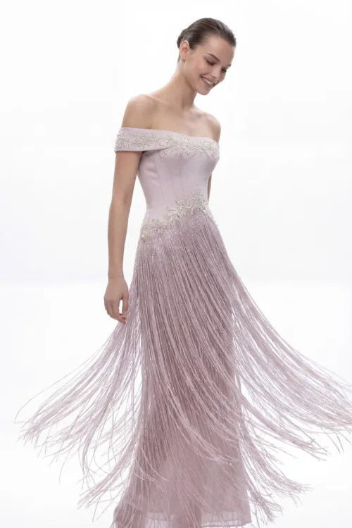 Off-Shoulder Corset Dress with Embellished Bodice and Fringe Skirt