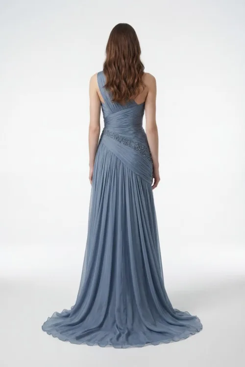 One-Shoulder Draped Silk Chiffon Dress with Embellished Waist Detail - 5