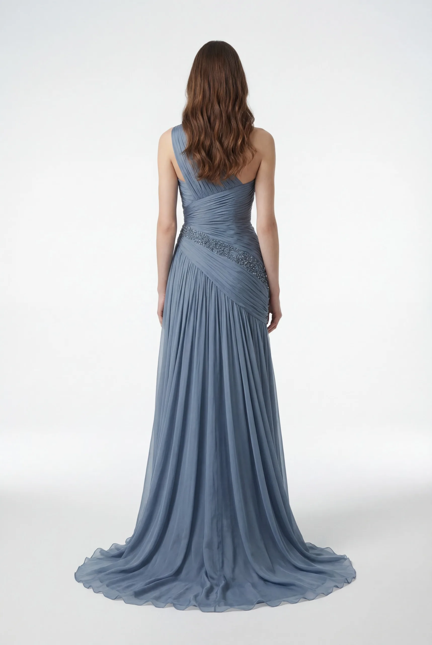 One-Shoulder Draped Silk Chiffon Dress with Embellished Waist Detail - 2
