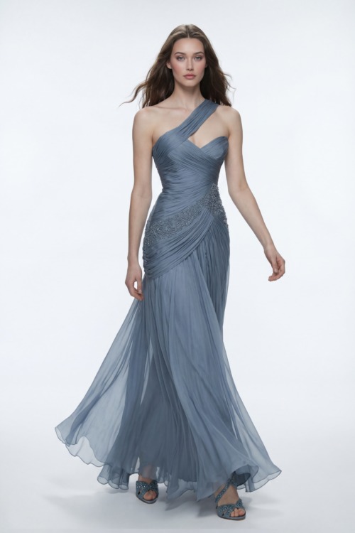 One-Shoulder Draped Silk Chiffon Dress with Embellished Waist Detail