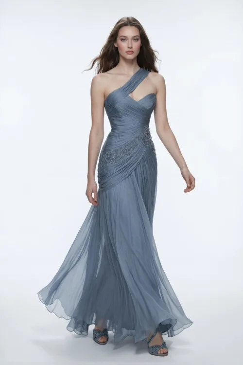 One-Shoulder Draped Silk Chiffon Dress with Embellished Waist Detail - 4
