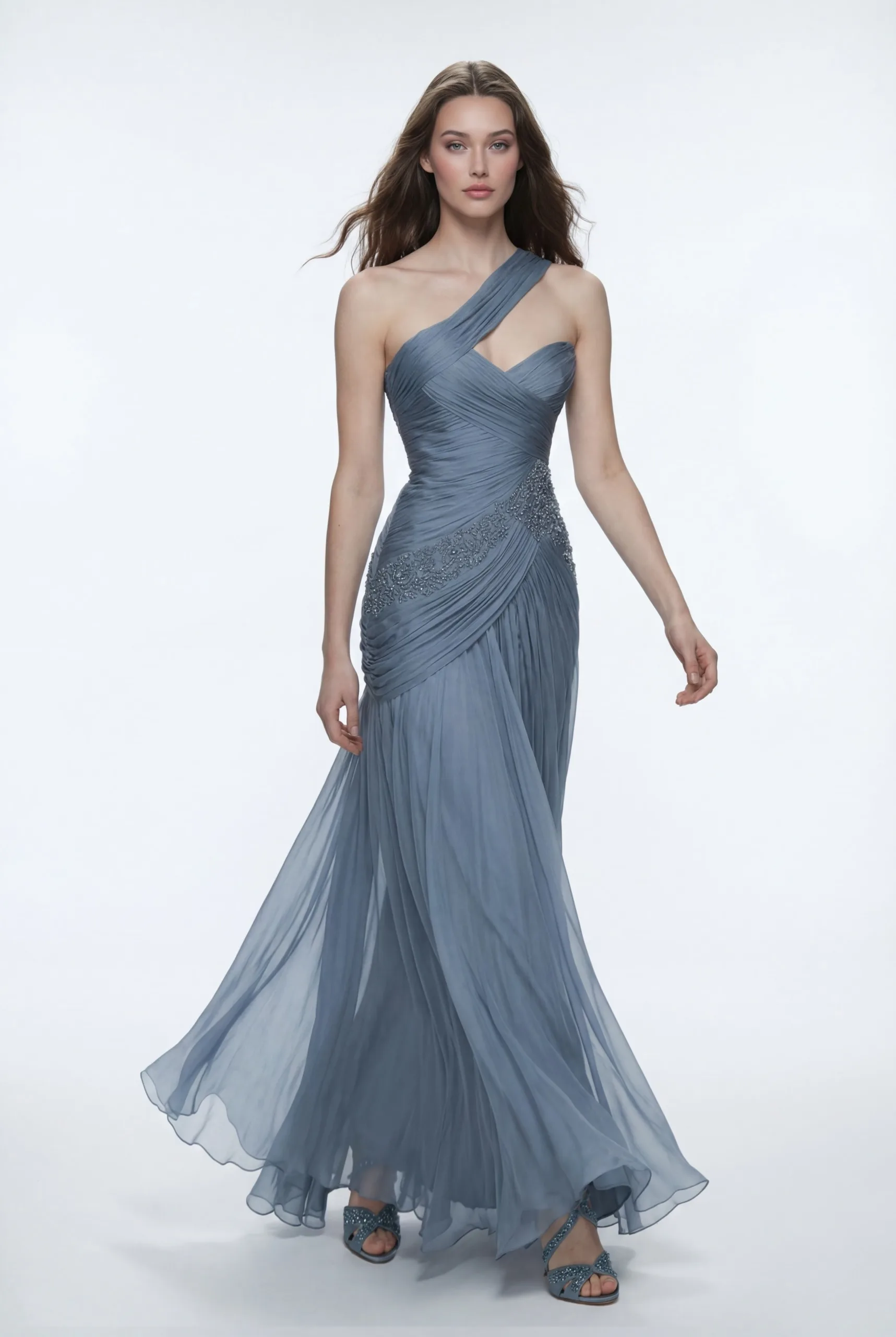 One-Shoulder Draped Silk Chiffon Dress with Embellished Waist Detail - 1