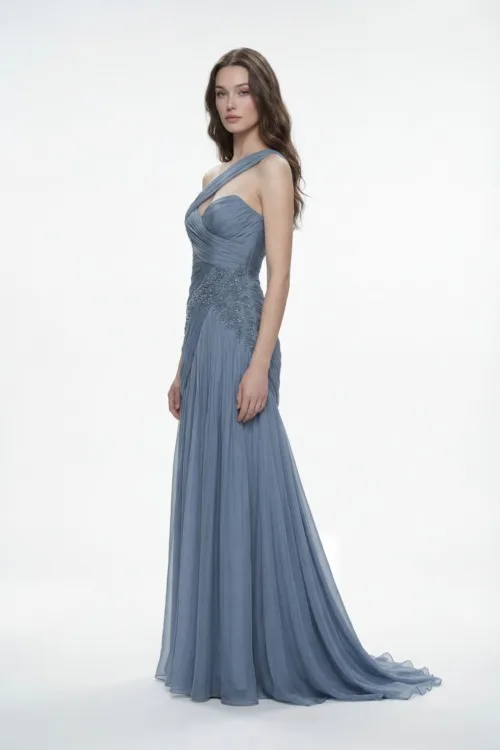 One-Shoulder Draped Silk Chiffon Dress with Embellished Waist Detail - 6