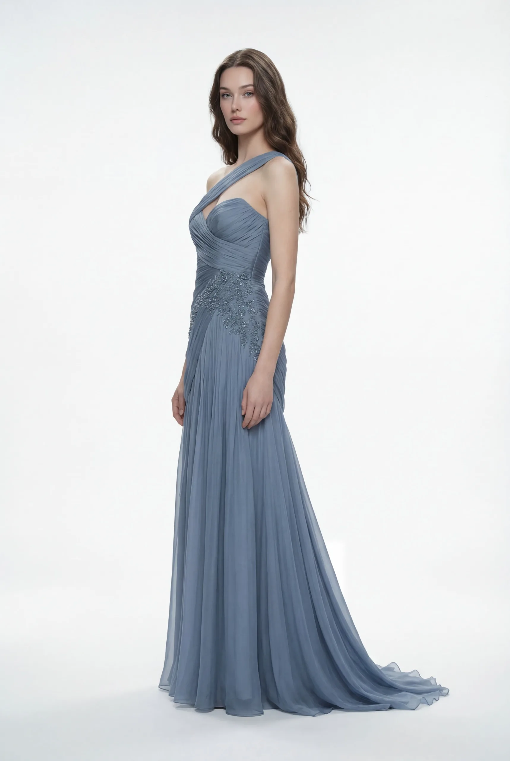 One-Shoulder Draped Silk Chiffon Dress with Embellished Waist Detail - 3