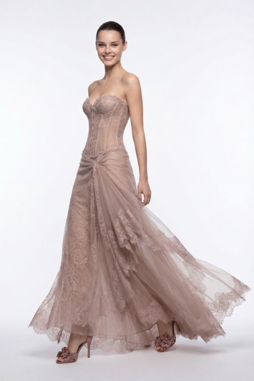 Strapless Lace Corset Dress with Draped Tulle Skirt