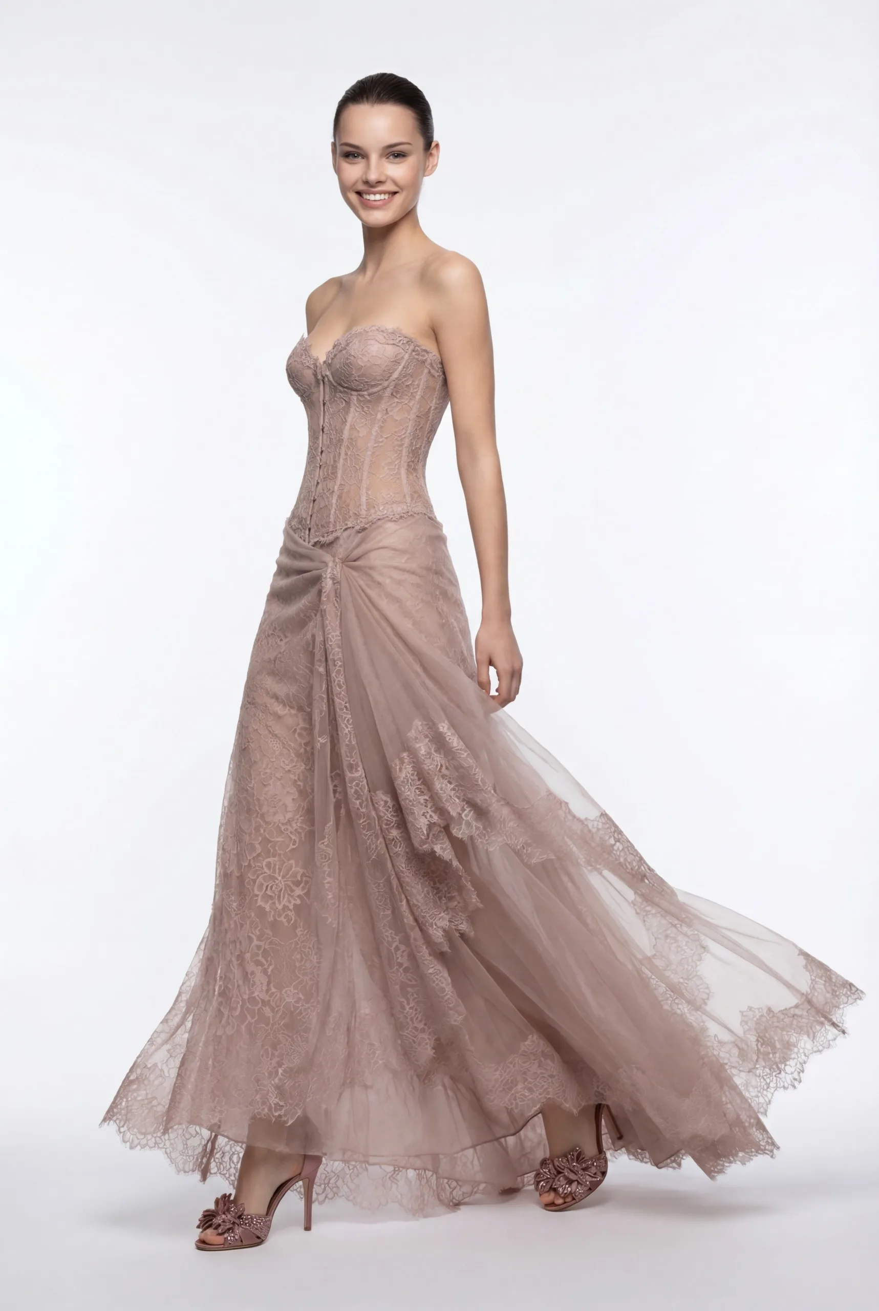 Strapless Lace Corset Dress with Draped Tulle Skirt - 1