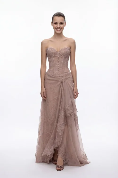Strapless Lace Corset Dress with Draped Tulle Skirt - 6