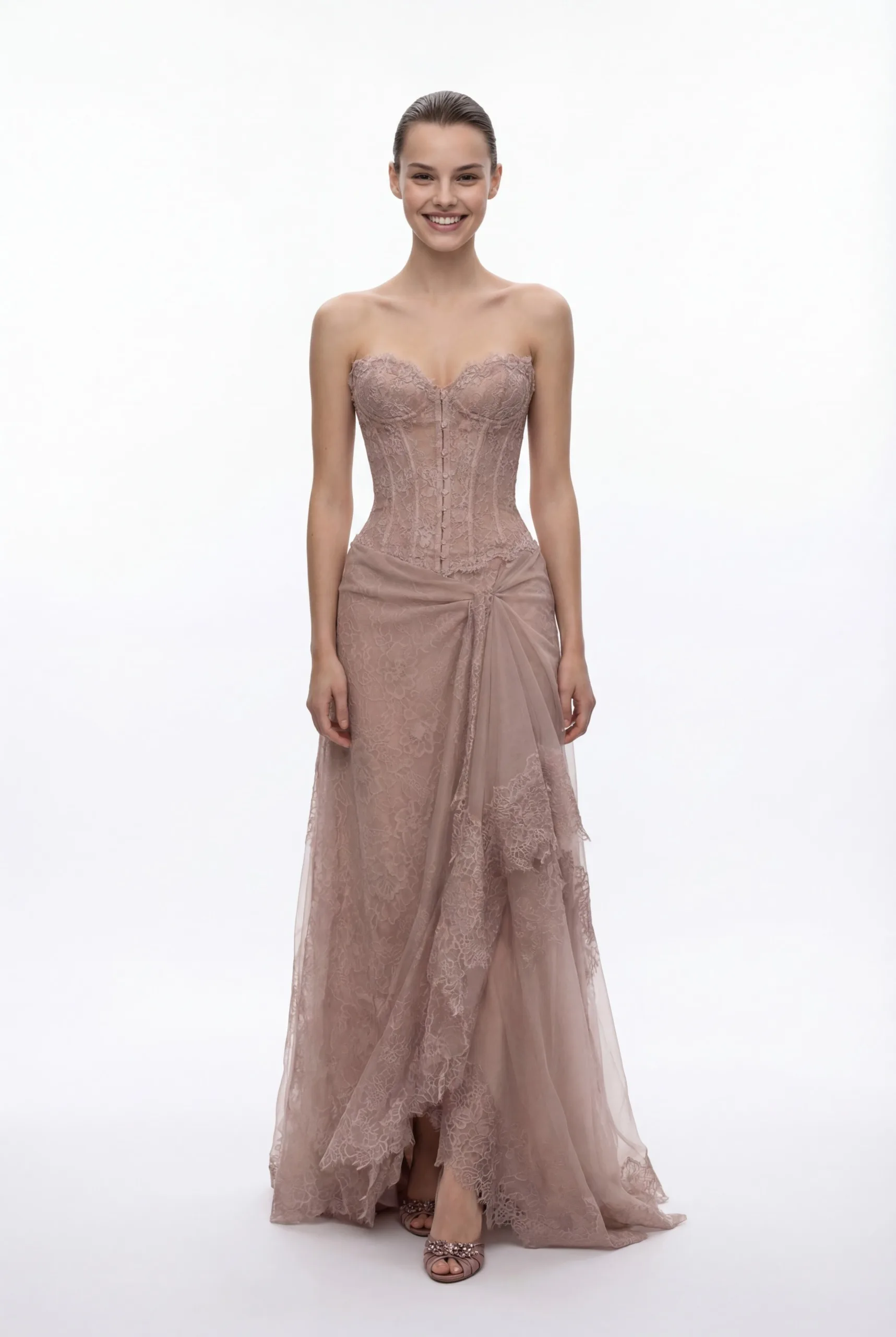 Strapless Lace Corset Dress with Draped Tulle Skirt - 2