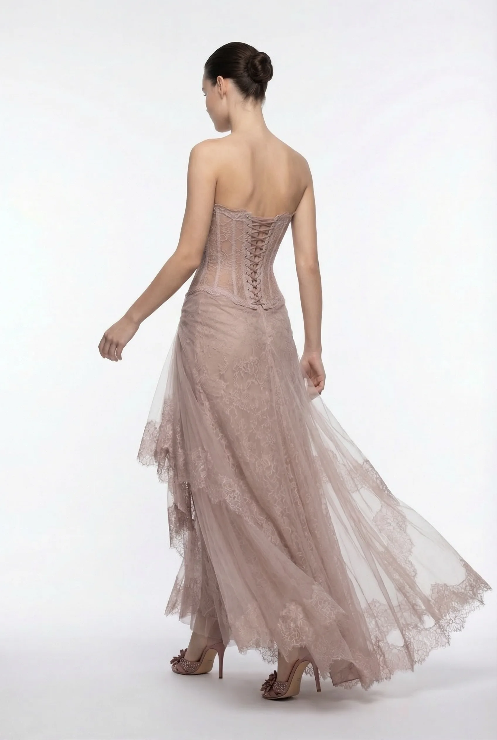 Strapless Lace Corset Dress with Draped Tulle Skirt - 3