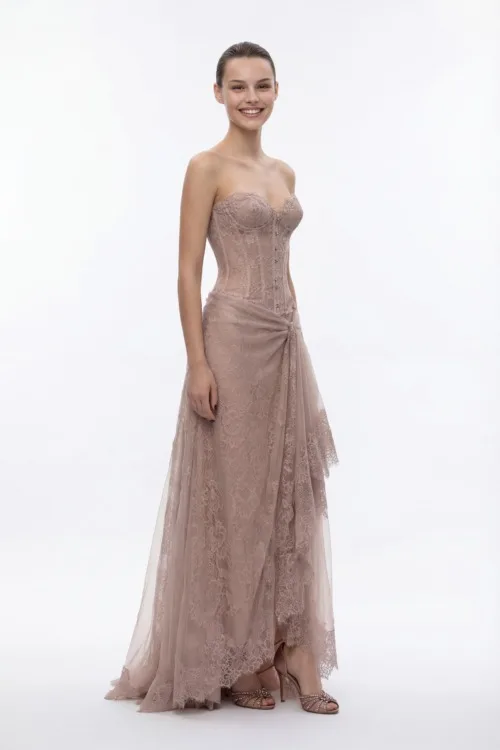Strapless Lace Corset Dress with Draped Tulle Skirt - 8