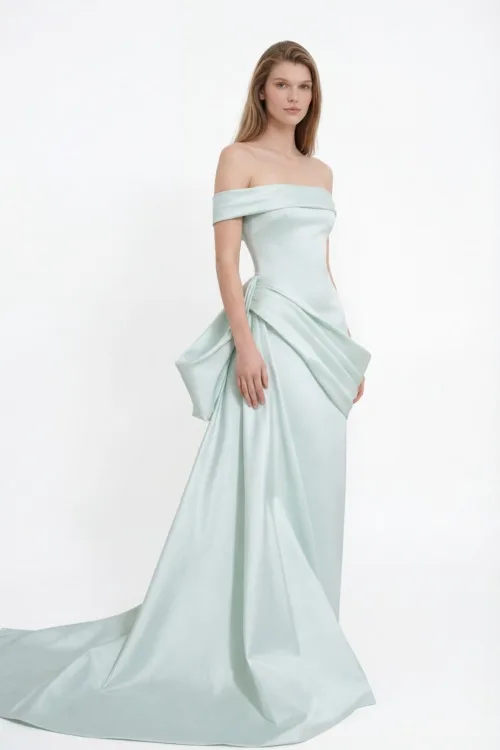 Ice Mint Sculpted Satin Evening Dress with Structured Silhouette