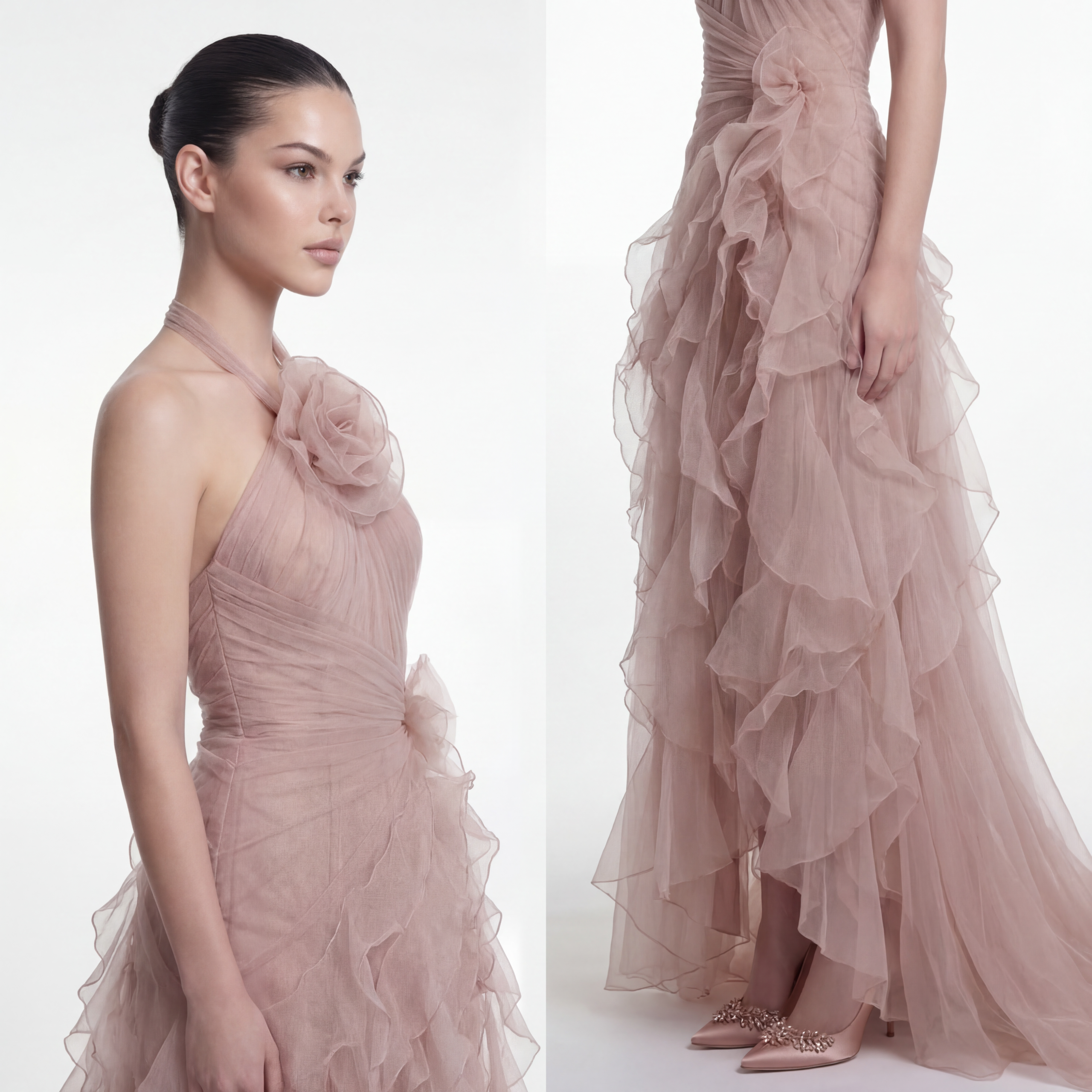 NCC210 Halter Neck Draped Silk Chiffon Evening Dress with Floral Detail - 3