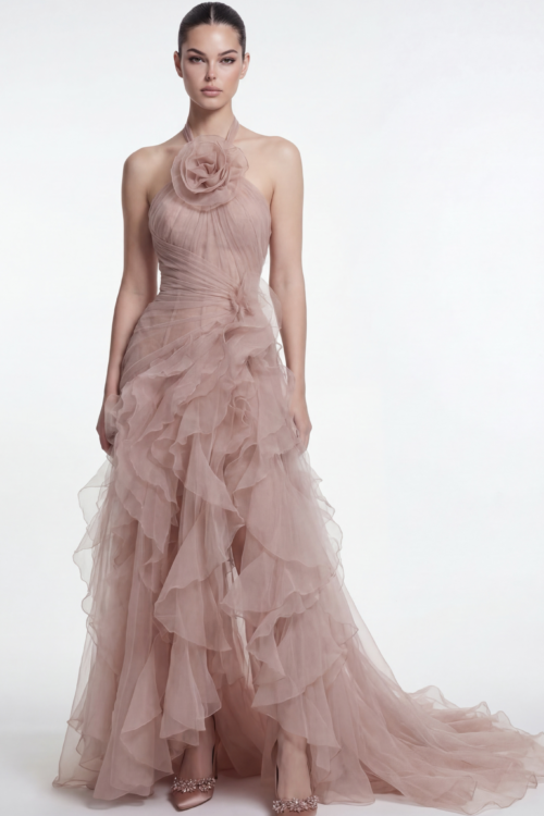 Halter Neck Draped Silk Chiffon Evening Dress with Floral Detail