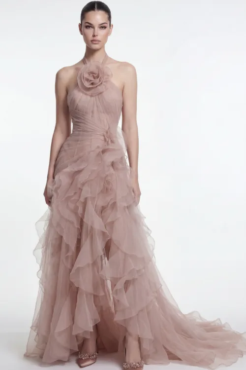 Halter Neck Draped Silk Chiffon Evening Dress with Floral Detail
