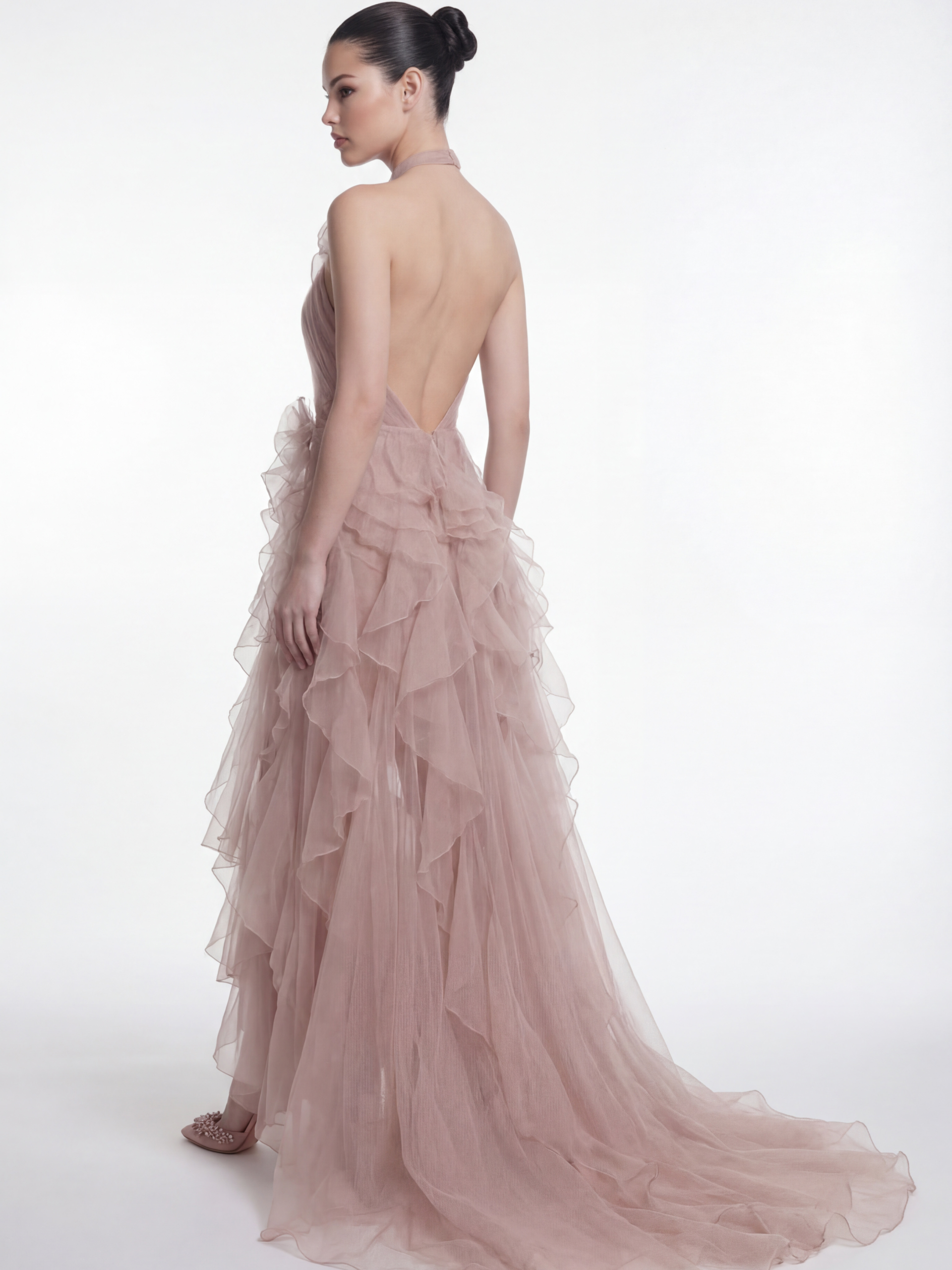 NCC210C Halter Neck Draped Silk Chiffon Evening Dress with Floral Detail - 2