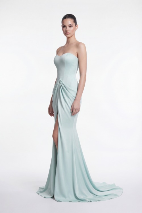 Strapless Draped Satin Evening Dress with Sculpted Silhouette