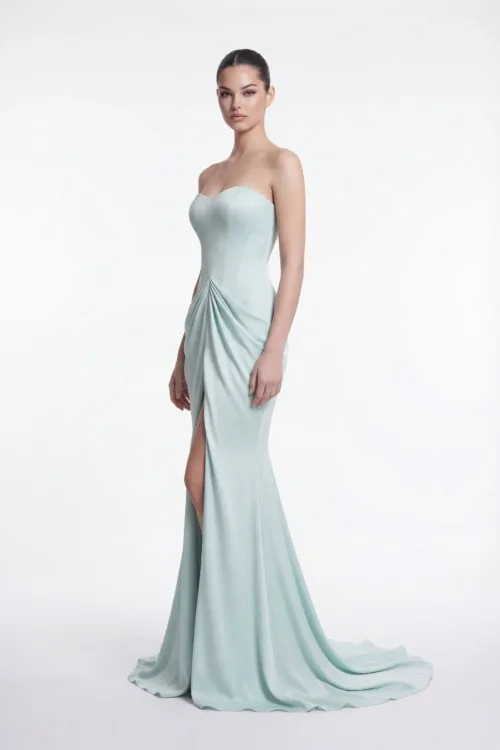 Strapless Draped Satin Evening Dress with Sculpted Silhouette