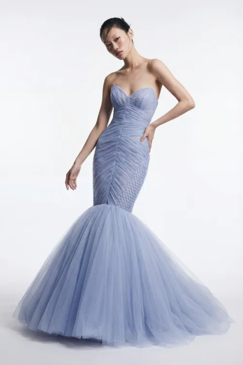 Strapless Draped Mermaid Dress with Textured Panel and Tulle Skirt