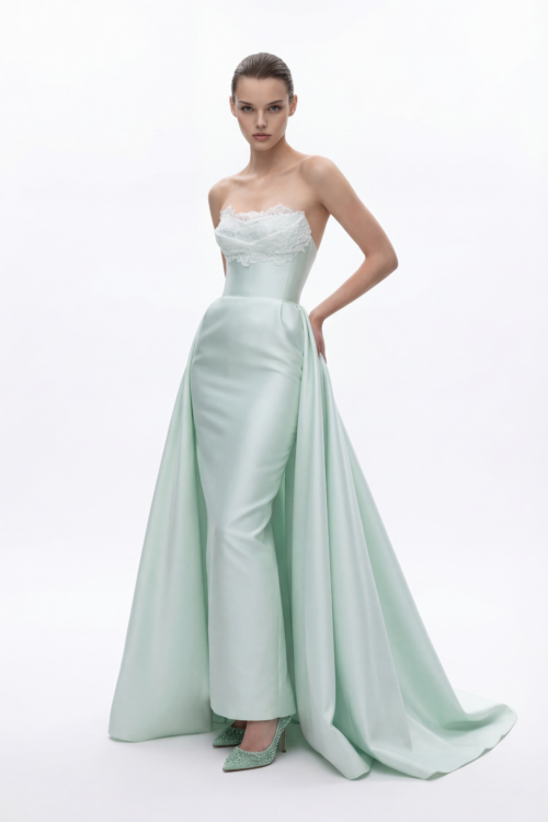 Strapless Satin Evening Dress with Lace Bodice and Overskirt Detail