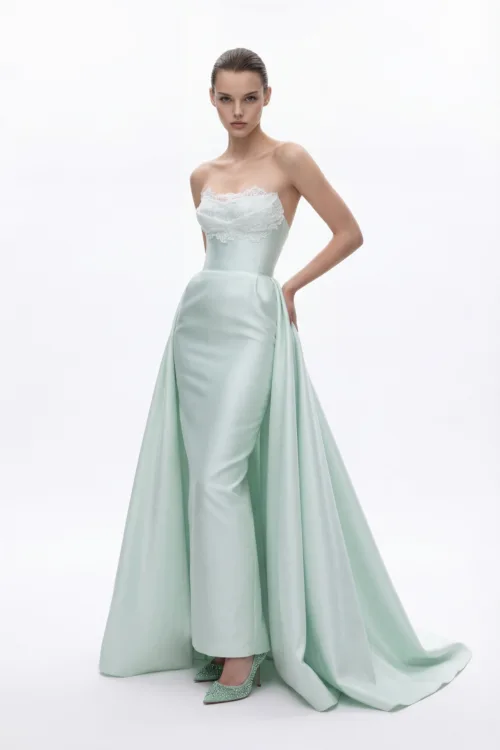 Strapless Satin Evening Dress with Lace Bodice and Overskirt Detail