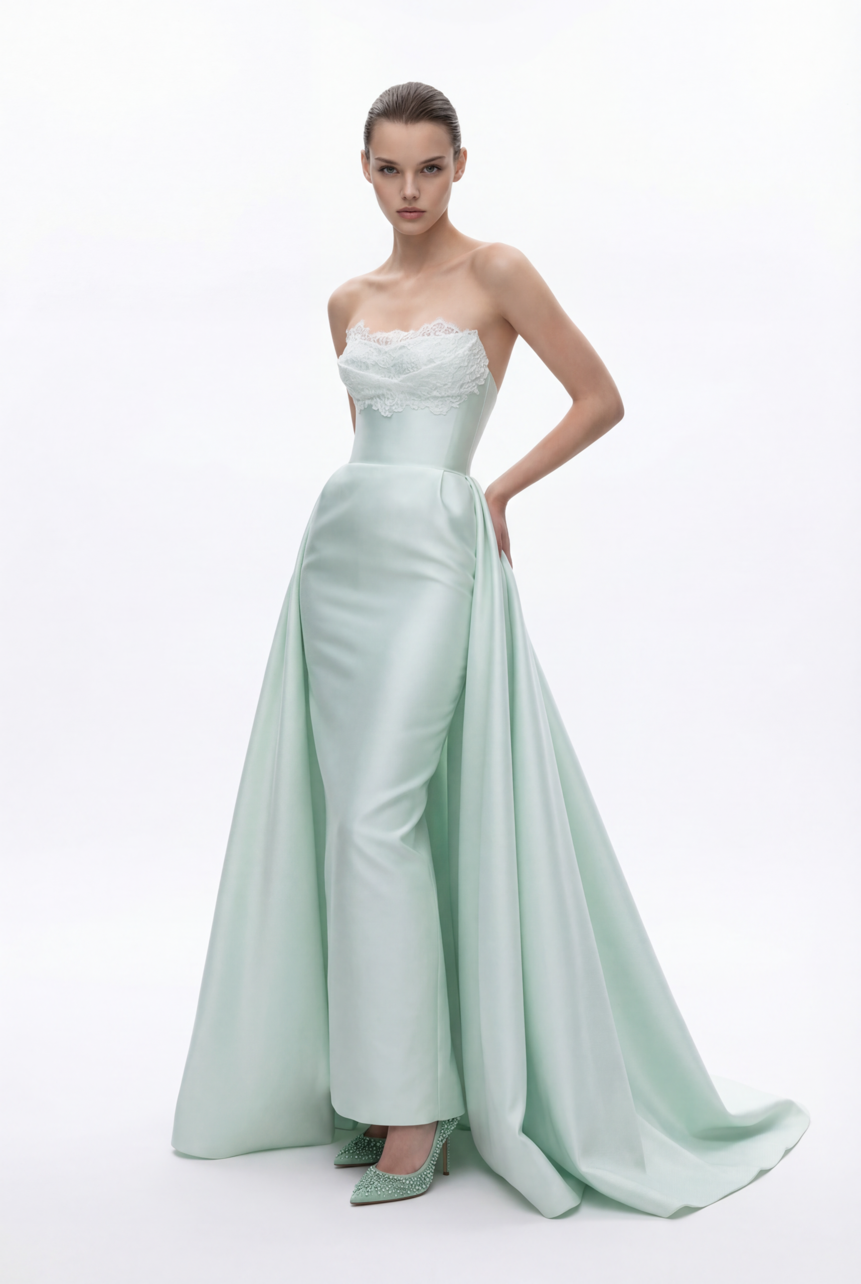 NCC214 Strapless Satin Evening Dress with Lace Bodice and Overskirt Detail - 1